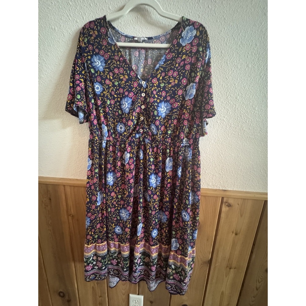 Pinup Fashion Sz 22 Boho Blue‎ Pink Floral Dress Flutter Sleeves Cute Hem Border